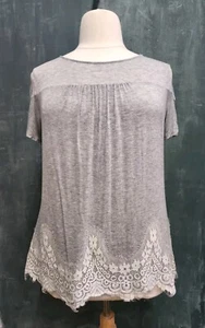 Rewind Gray Knit Yoked Lace Hem Flutter Sleeve Top XL  - Picture 1 of 12