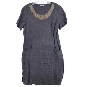 Lina Tomei Women Large Linen Short Sleeve Dress Beaded Collar Navy Pockets Italy - Picture 1 of 5