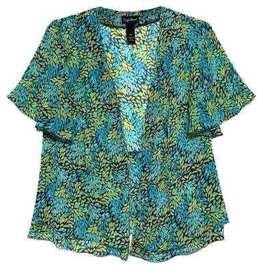 Maggie Barnes Turquoise Multicolor Print Open Front Semi-Sheer Top, size 16W - Image 1 of 3