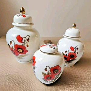3 Porcelain GINGER JARS Painted By & Signed By RITA KENT 1981. Poppies & Gold. - Picture 1 of 11