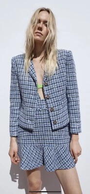 Blazer 100% Auténtico ZARA Tweed Estampado Cuadros con Botones y Conjunto de Vestido Talla: S Foto 1 de 3