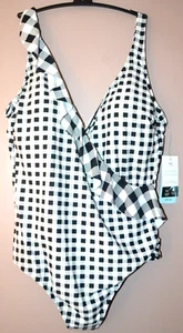 LADIES M&S PLUNGE SWIMSUIT NON WIRED SECRET SLIMMING SIZE 10 BLACK MIX - BNWT - Picture 1 of 4