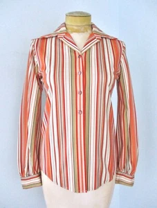 Vtg 70s Pumpkin Red Stripe Leiter's Poly Knit Button Blouse Secretary Top S/M - Picture 1 of 8