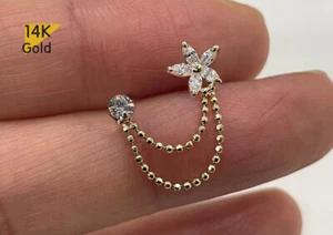 14K Solid Gold Stud Earrings Flower White CZ Cubic Zirconia Double Chain - Bild 1 von 9