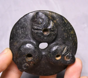 6cm Old Hongshan Culture Meteorite Iron Stone 3 Yu Pig Dragon UFO Amulet Pendant - Picture 1 of 5