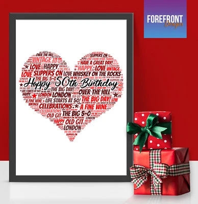 FOREFRONTDESIGNS Personalised 50TH Birthday word art print - perfect keepsake/gift 50th/40th/30th