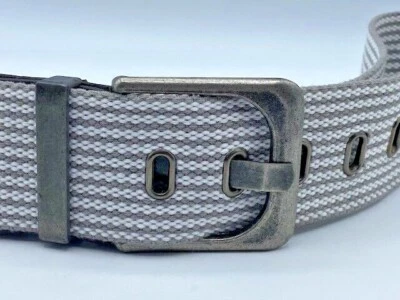 Ladies M Canvas Webbing & Leather Belt Width 2”, Holes 28-32”  Gray/Ivory/Pewter - Image 1 of 4