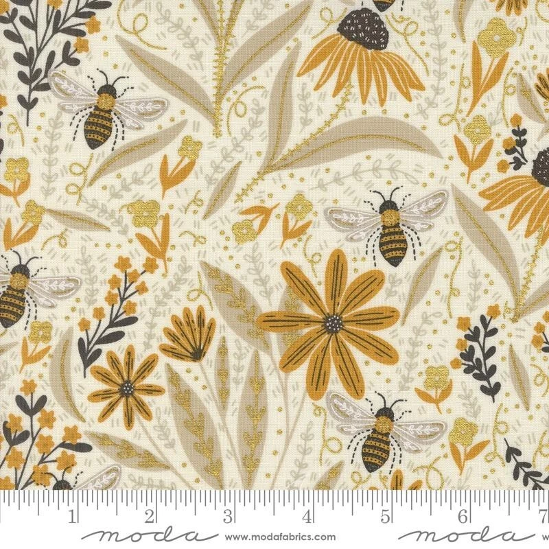 MODA Bee Garden Theme 100% Cotton Fabric Bees Flowers Honey Metallic 48410 BTY - Image 1 of 1