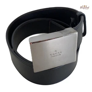 Authentic Gucci Black Calfskin Leather Silver Square w/ Logo Buckle Belt 85/34 - Picture 1 of 14