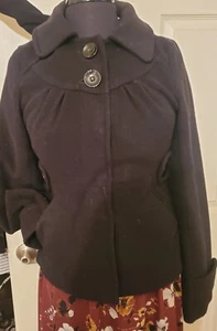 Tulle Anthropologie Black Big Collar Large Button Womans Peacoat Medium - Foto 1 di 4
