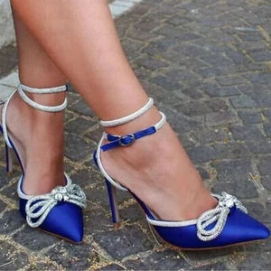 Pointed Toe Silver Blue Satin Butterfly-Knot Crystal High Heels - Picture 1 of 10