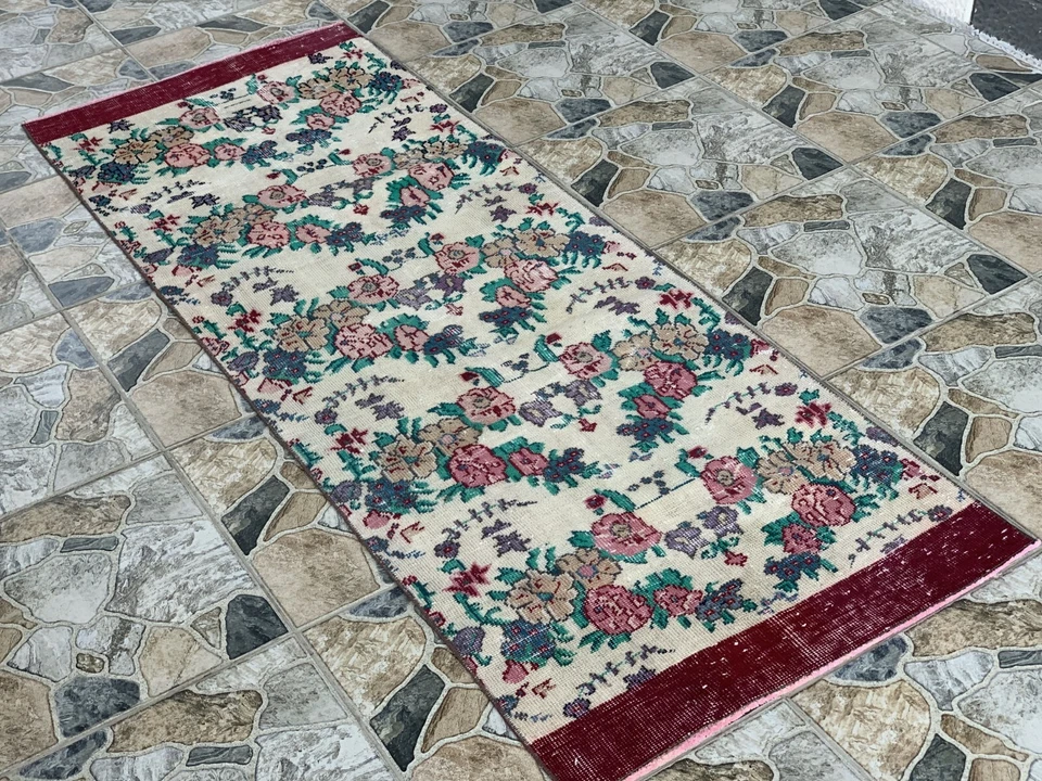 Vintage Oushak Farmhouse Rug Turkish Anatolian Handknotted Wool Area Rug 2.4x6.6 - Image 1 of 4