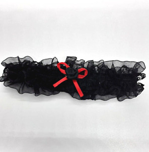 Black Organza  Bridal garter trimmed with Red Satin Ribbon Bow & Black flower