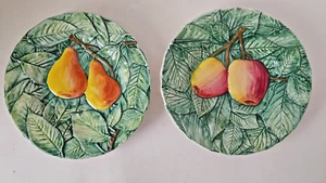 Pair Majolica Embossed 8" Dessert Plates Apple & Pear Italy - Picture 1 of 7