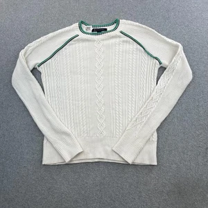 Brooks Brothers Pullover Damen klein weiß Zopfmuster Rundhalsausschnitt Raglan grüner Besatz - Bild 1 von 12