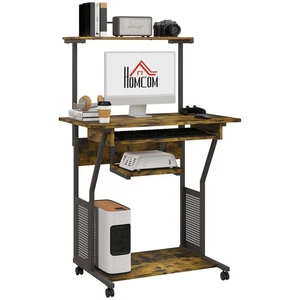 HOMCOM Rolling Computer Desk with Keyboard Tray Storage Shelves Rustic Brown - Picture 1 of 11