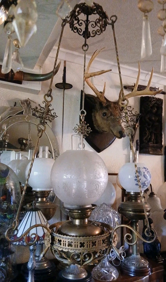 Large Antique Hanging Cast Iron Oil Lamp Chandelier Art Nouveau Victorian  - Image 1 of 4