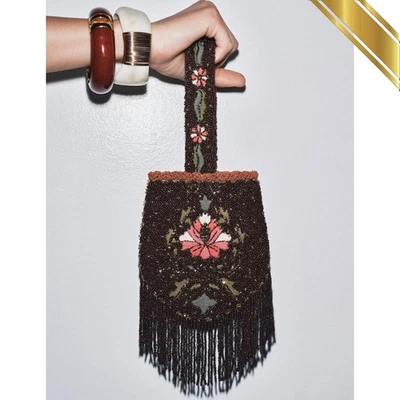 Zara 2025 Luxury Small Beaded Fringed Bag Floral Design Brown - Zara Original - Image 1 of 4