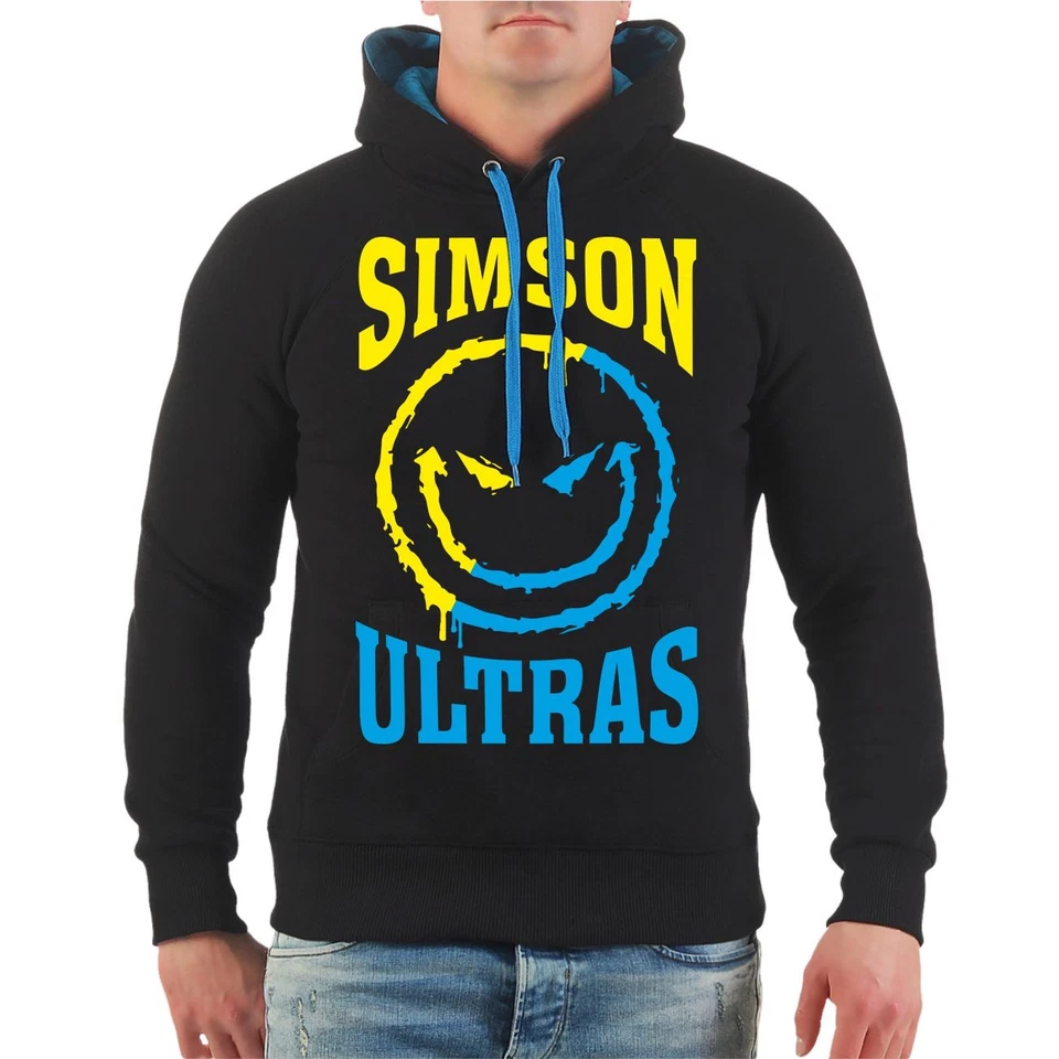 Herren Kapuzenpullover Simson Ultras Gelb Blau Hoodie Böser Smiley Moped Motiv - Bild 1 von 1