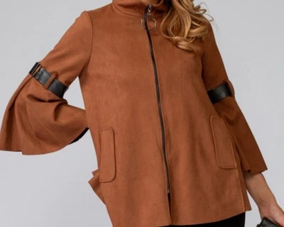 Joseph Ribkoff Brown Faux Suede Jacket W/Faux Leather Trim Flared Sleeves  Sz 10 - Image 1 of 4