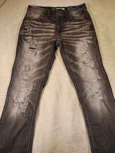 BKE Jake Straight Jeans Mens 33R BLK DARK Wash Whiskered Faded Denim DESTROYED - Picture 1 of 20