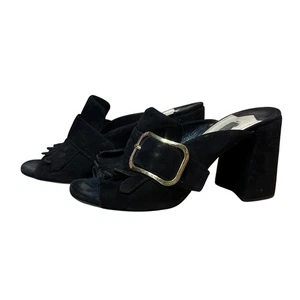 Prada Black Suede Fringe Heeled Mules Gold Buckle Size 38 Designer Slides - Picture 1 of 7