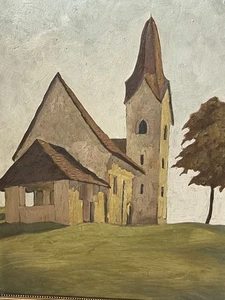 Gemälde Öl auf Karton „Kirche am Faaker See“ monogrammiert 1932 - Bild 1 von 5