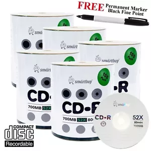 500 Smartbuy 52X CD-R 700 MB logotipo disco grabable en blanco + marcador permanente negro - Imagen 1 de 4
