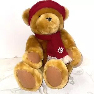 Stuffed Plush Animal Teddy Bear Tan /Red Knitted Hat and Scarf Kids Collectors - Picture 1 of 6