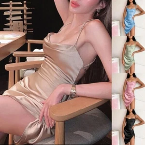 Womens Sexy Cowl Neck Satin Spaghetti Strap Backless Side Drawstring Mini Dress - Picture 1 of 17