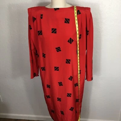 VTG 80s Liz Claiborne Sheath Dress 14 Red Black Geometric Squares Shoulder Pads - Image 1 of 4