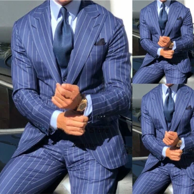 Blue Striped Men Suits Slim Fit Wedding Groom Tuxedo Peak Lapel Business 2 Piece - Image 1 of 4