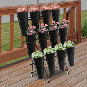 3 Layers Metal Flower Display Stand with 12 Buckets Moving Florist Bouquet Shelf - Picture 1 of 12