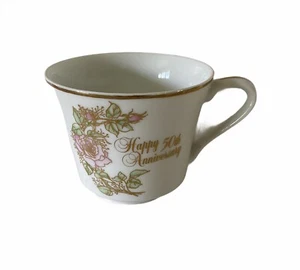 VTG Enesco 50th Anniversary Tea Cup Pink Roses Gold Tone Trim Japan1983 - Picture 1 of 7