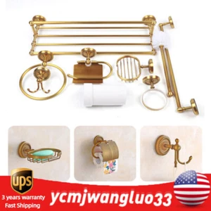7PCS Vintage Gold Copper Bathroom Accessories Set Bath Hardware Towel Bar Kit - Picture 1 of 18