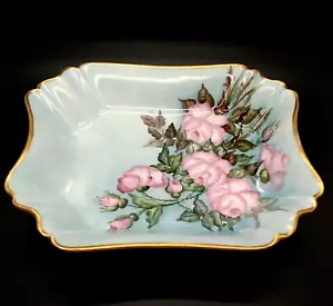 Limoges France Porcelain Dish A Lanternier Blue Vanity Tray Hand Painted Roses - Picture 1 of 12