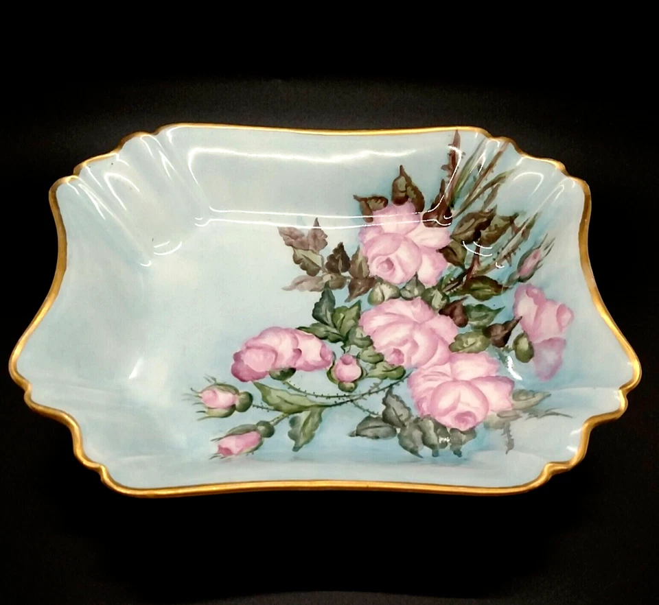 Limoges France Porcelain Dish A Lanternier Blue Vanity Tray Hand Painted Roses - Image 1 of 4