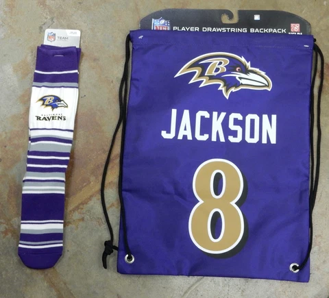 2 Pack NFL Baltimore Ravens Gift Set Socks Drawstring Bag Jersey Lamar Jackson Cover