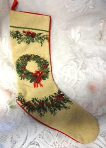 Vintage Needlepoint Wreath Garland Tree Branch Presents Toys Christmas Stocking - Picture 1 of 8