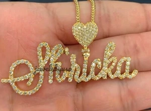 Womens Custom Certified Lab Grown Diamond Name Necklace 925 Silver Yellow Finish - Picture 1 of 6