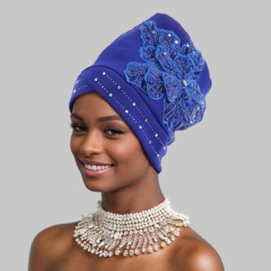 Nigerian Wedding Party Head Wraps Diamonds Bonnets Flower African Women Headtie - Picture 1 of 19