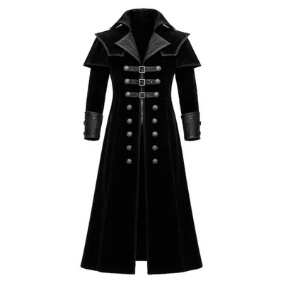 Men's Black Velvet Gothic Long Coat Duster Overcoat Matrix Vampire Style - Image 1 of 4