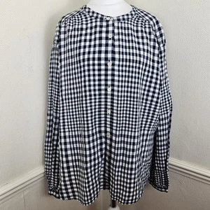 M&S Navy Gingham Linen Blend Blouse Shirt UK 14 - Picture 1 of 15