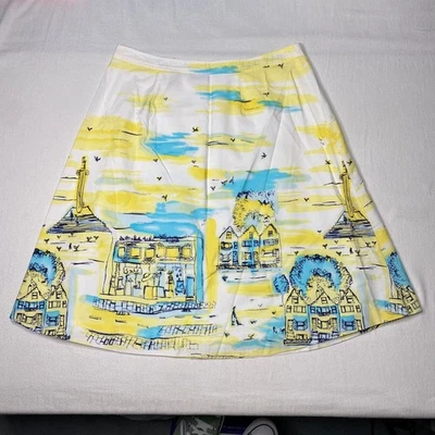 Falda Valerie Stevens para mujer línea A talla 12 blanca amarilla estampado de ciudad forrada algodón Foto 1 de 4