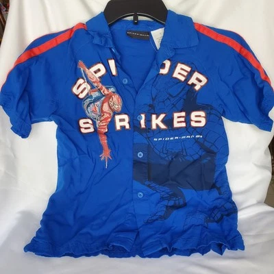Spiderman 2 Vintage Y2K Graphic Button Shirt Boys Size 7 Blue Spider Strikes - Image 1 of 4