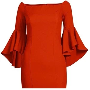 Venus Orange Off Shoulder Cocktail Dress Slit Size 2 Bell Flutter Sleeves - Picture 1 of 15