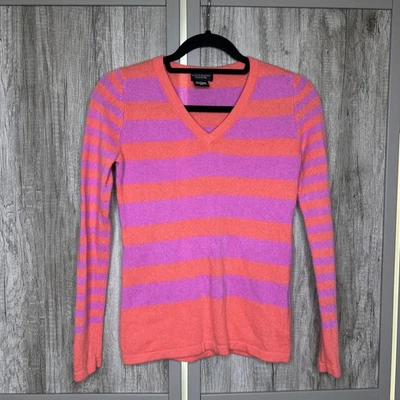 Lord & Taylor Women Cashmere Sweater V Neckline Striped Purple and Orange Size S - Image 1 of 4