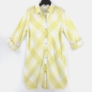 Chico's Gr. 1 bügelfrei weiß gelb Gingham Maxi Hemd 100 % Leinen Knopfleiste Rollriegel - Bild 1 von 18