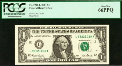 2001 $1 Federal Reserve Note PCGS 66PPQ Gem-New Fr 1926-L - Image 1 of 3