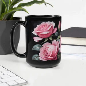 Vintage Pink Roses Black Glossy Mug - Picture 1 of 3